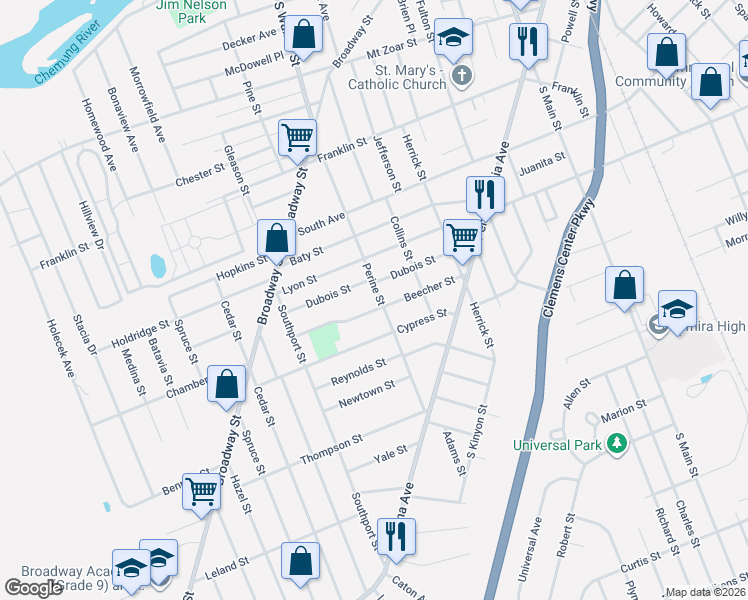 map of restaurants, bars, coffee shops, grocery stores, and more near 514 Beecher Street in Elmira