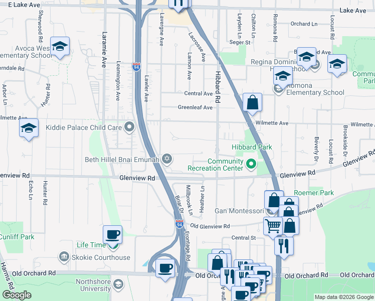 map of restaurants, bars, coffee shops, grocery stores, and more near 3200 Temple Lane in Wilmette