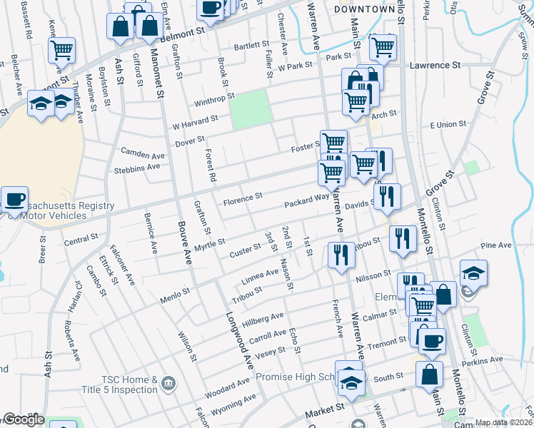 map of restaurants, bars, coffee shops, grocery stores, and more near 86 Packard Way in Brockton