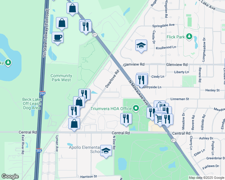 map of restaurants, bars, coffee shops, grocery stores, and more near 4175-4185 Dearlove Road in Glenview