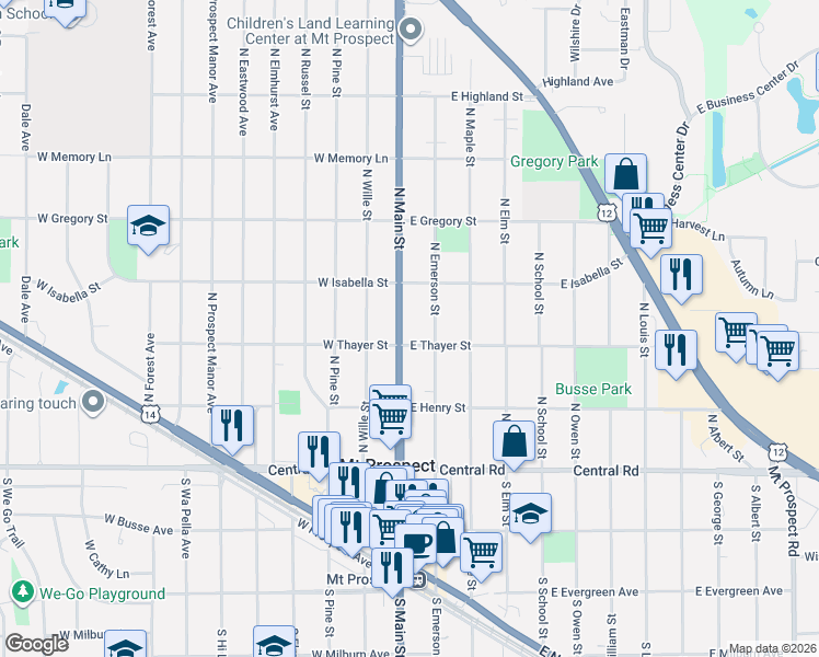 map of restaurants, bars, coffee shops, grocery stores, and more near 206 North Emerson Street in Mount Prospect