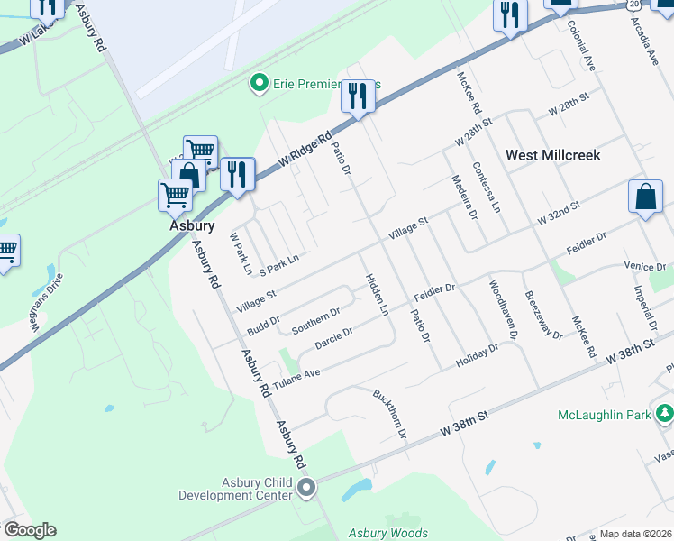 map of restaurants, bars, coffee shops, grocery stores, and more near 4531 Village St in Erie