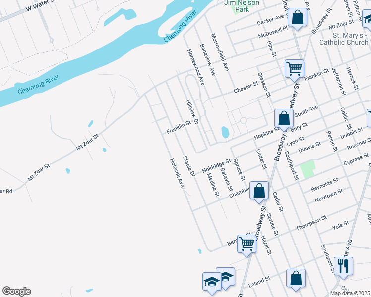 map of restaurants, bars, coffee shops, grocery stores, and more near 553 Stacia Drive in Elmira