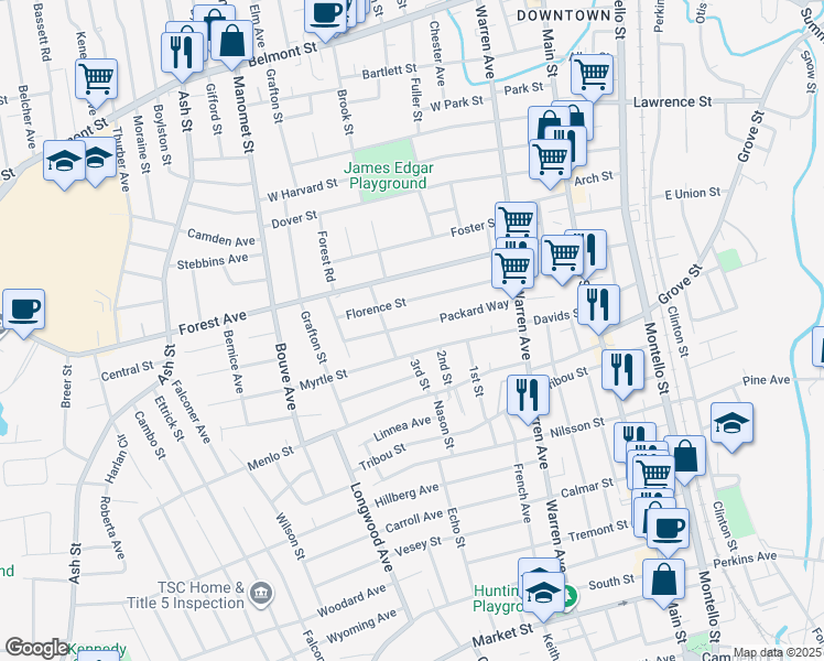 map of restaurants, bars, coffee shops, grocery stores, and more near 86 Packard Way in Brockton