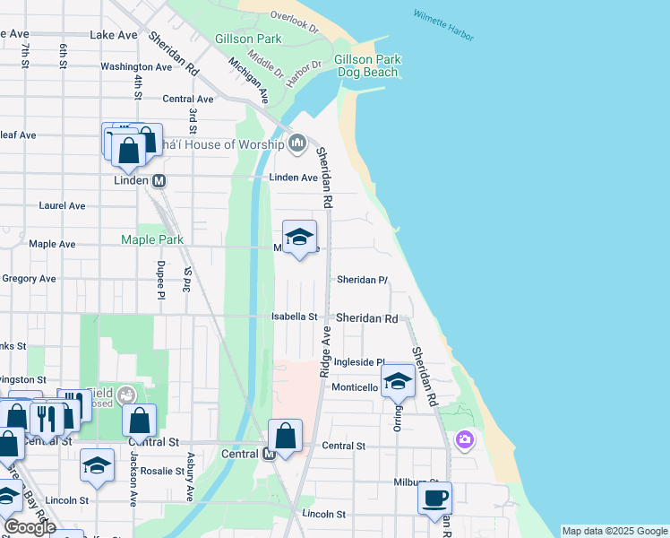 map of restaurants, bars, coffee shops, grocery stores, and more near 2895 Sheridan Road in Evanston