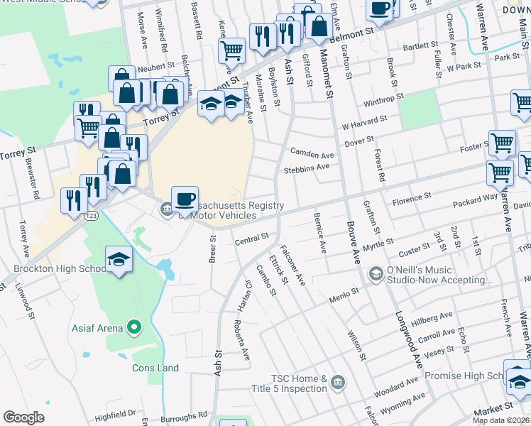 map of restaurants, bars, coffee shops, grocery stores, and more near 365 Forest Avenue in Brockton