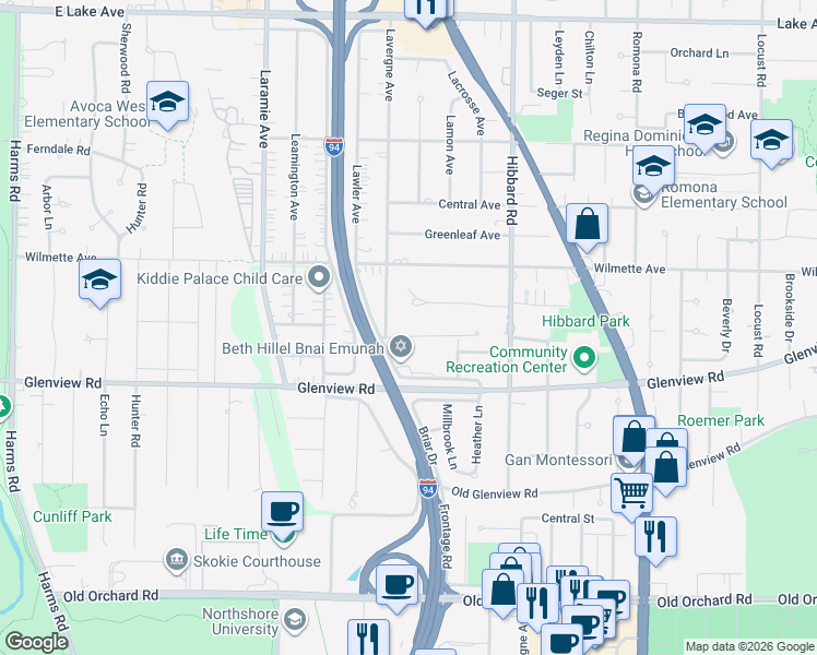 map of restaurants, bars, coffee shops, grocery stores, and more near 3230 Temple Lane in Wilmette