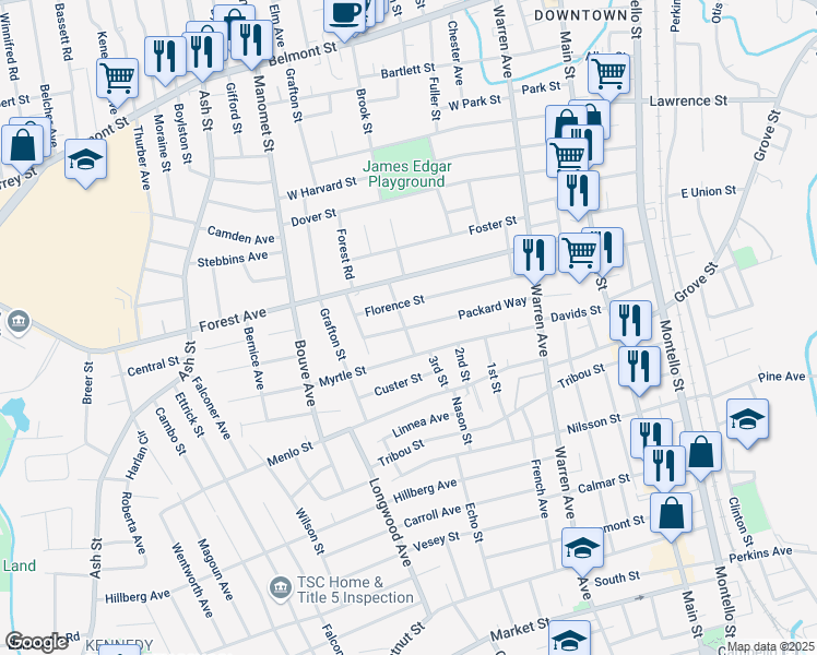 map of restaurants, bars, coffee shops, grocery stores, and more near 118 Packard Way in Brockton