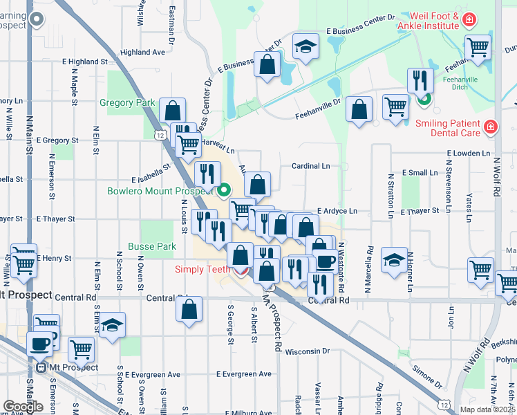 map of restaurants, bars, coffee shops, grocery stores, and more near 832 East Rand Road in Mount Prospect