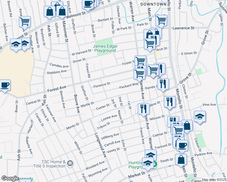map of restaurants, bars, coffee shops, grocery stores, and more near 86 Packard Way in Brockton