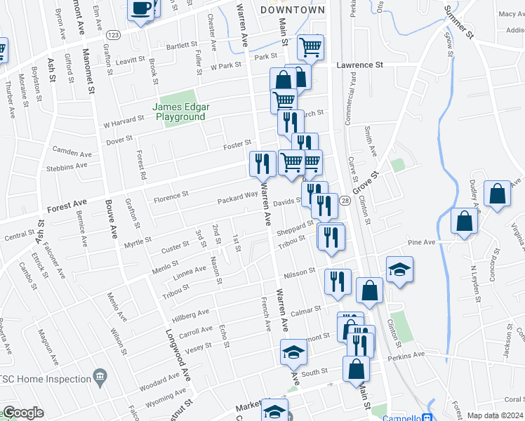 map of restaurants, bars, coffee shops, grocery stores, and more near 4 Myrtle Street in Brockton