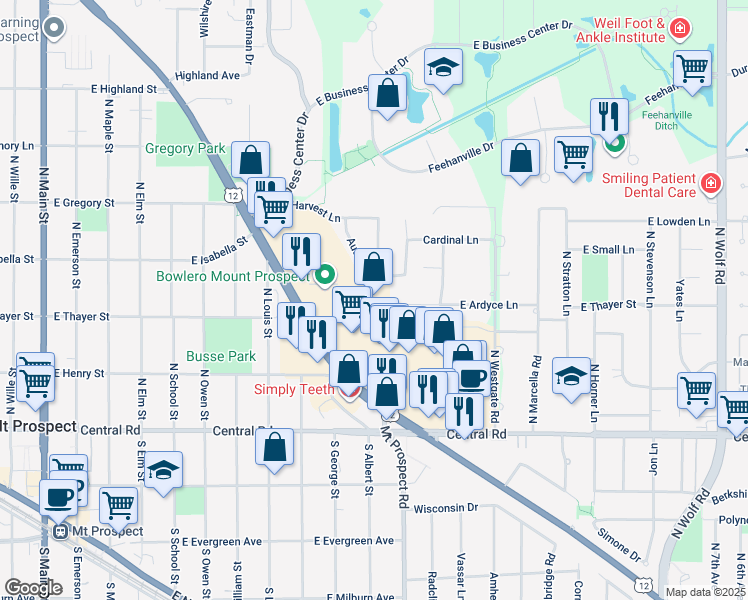 map of restaurants, bars, coffee shops, grocery stores, and more near 832 East Rand Road in Mount Prospect