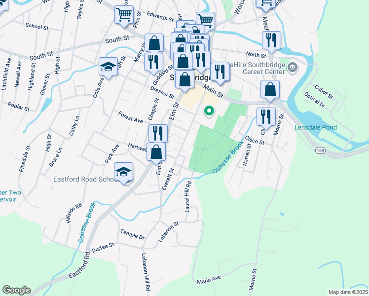 map of restaurants, bars, coffee shops, grocery stores, and more near 147 Everett Street in Southbridge