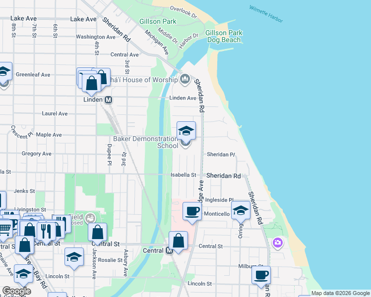 map of restaurants, bars, coffee shops, grocery stores, and more near 201 Sheridan Road in Wilmette