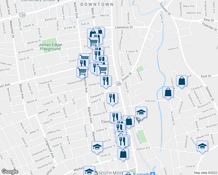 map of restaurants, bars, coffee shops, grocery stores, and more near 9 Grove Street in Brockton