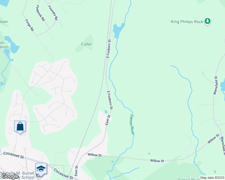 map of restaurants, bars, coffee shops, grocery stores, and more near 106 East Street in Foxborough