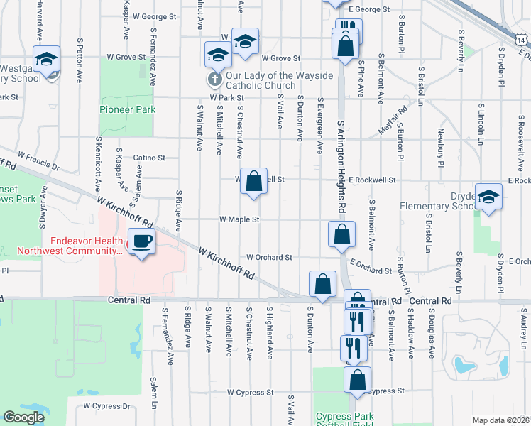 map of restaurants, bars, coffee shops, grocery stores, and more near 738 South Highland Avenue in Arlington Heights