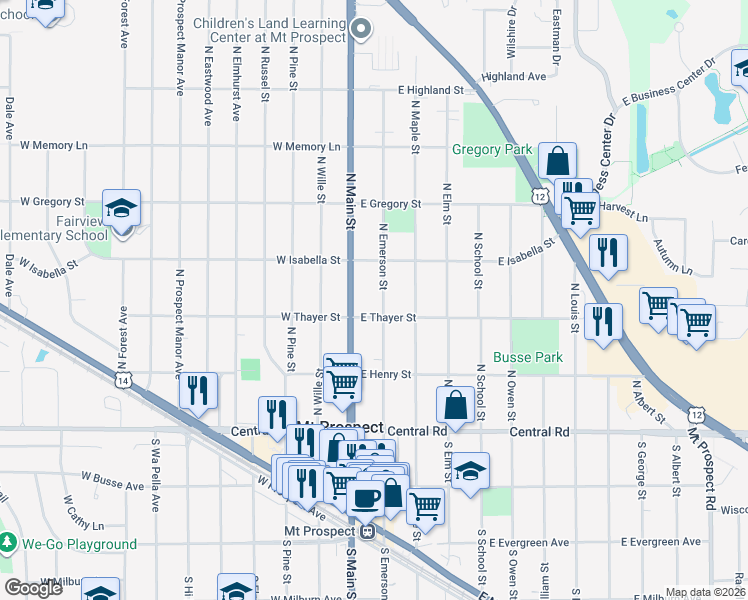 map of restaurants, bars, coffee shops, grocery stores, and more near 206 North Emerson Street in Mount Prospect