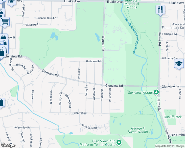 map of restaurants, bars, coffee shops, grocery stores, and more near 834 Windsor Road in Glenview