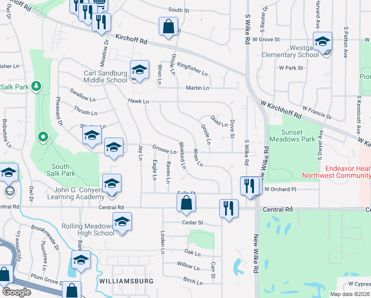 map of restaurants, bars, coffee shops, grocery stores, and more near 3731 Wren Lane in Rolling Meadows