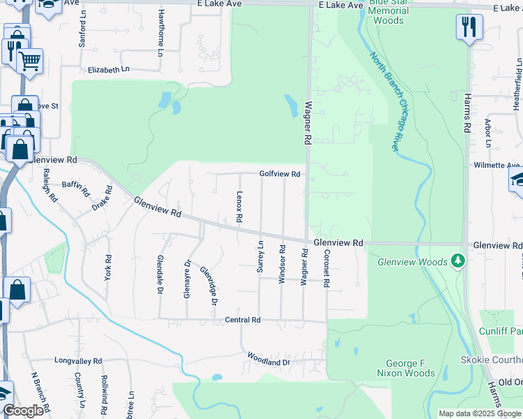 map of restaurants, bars, coffee shops, grocery stores, and more near 830 Surrey Ln in Glenview