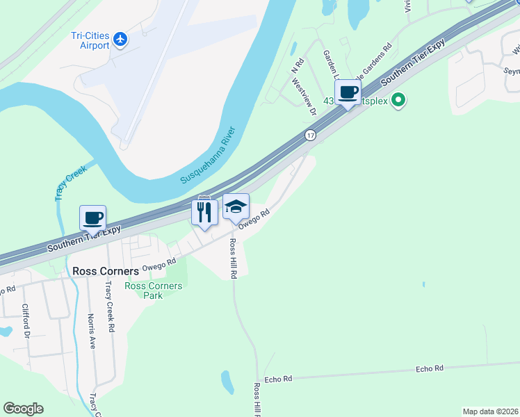 map of restaurants, bars, coffee shops, grocery stores, and more near 2054 Owego Road in Vestal