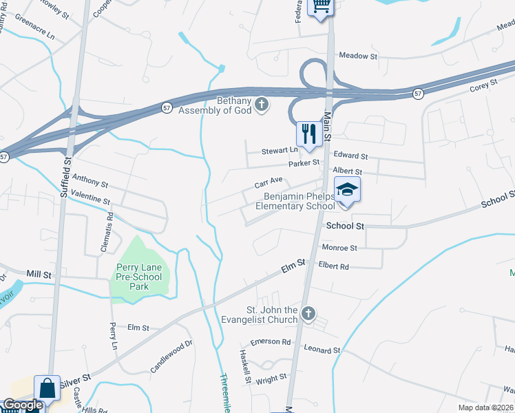 map of restaurants, bars, coffee shops, grocery stores, and more near 103 Lealand Avenue in Agawam
