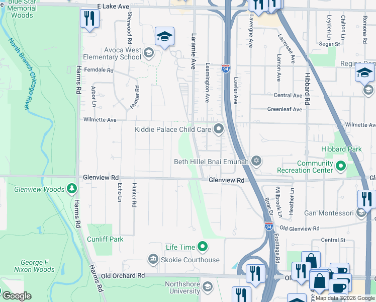 map of restaurants, bars, coffee shops, grocery stores, and more near 10 Glenview Road in Glenview