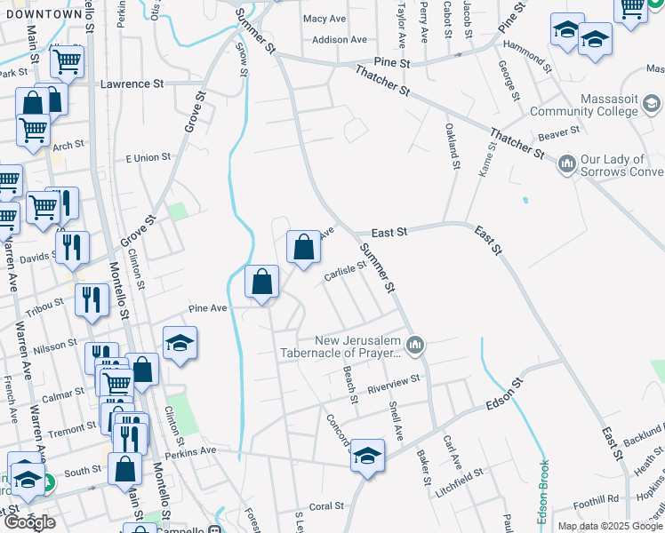 map of restaurants, bars, coffee shops, grocery stores, and more near 54 Carlisle Street in Brockton