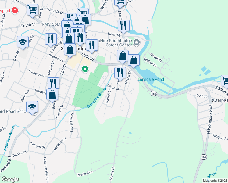 map of restaurants, bars, coffee shops, grocery stores, and more near 108 Chestnut Street in Southbridge
