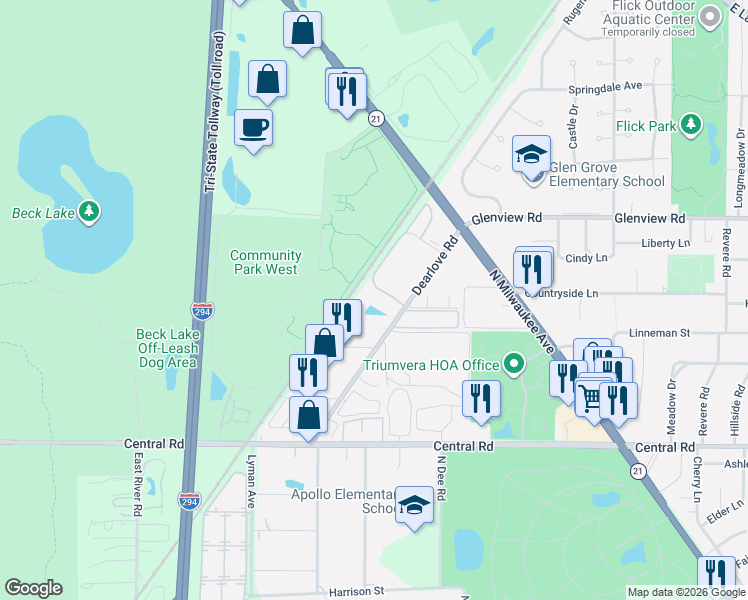 map of restaurants, bars, coffee shops, grocery stores, and more near 4188 Cove Lane in Glenview