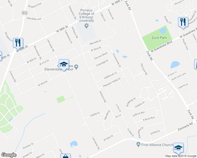 map of restaurants, bars, coffee shops, grocery stores, and more near 3046 Idyllbrook Ln in Erie