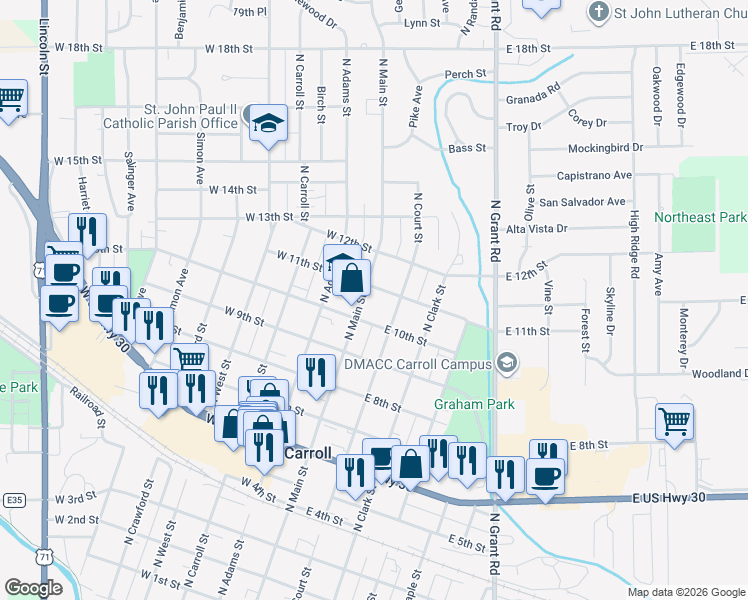 map of restaurants, bars, coffee shops, grocery stores, and more near 1020 N Main St in Carroll