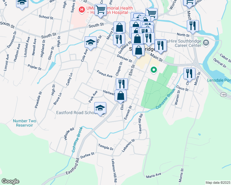 map of restaurants, bars, coffee shops, grocery stores, and more near 205 Chapin Street in Southbridge