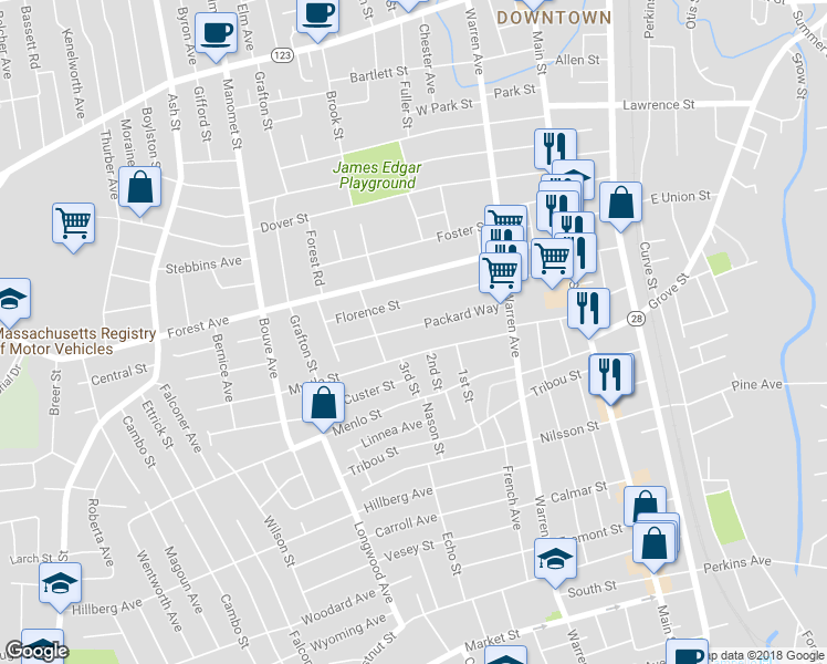 map of restaurants, bars, coffee shops, grocery stores, and more near 82 Packard Way in Brockton