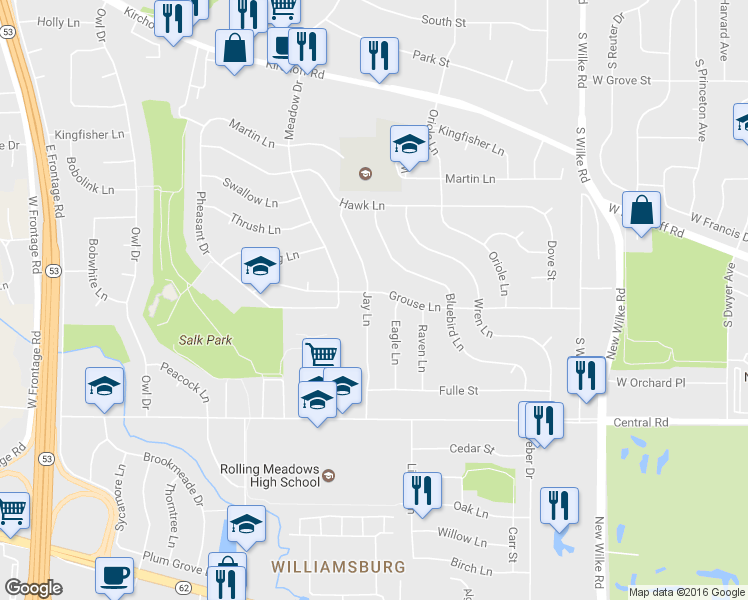 map of restaurants, bars, coffee shops, grocery stores, and more near 3800 Jay Lane in Rolling Meadows