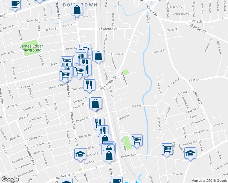 map of restaurants, bars, coffee shops, grocery stores, and more near 33 Grove Avenue in Brockton