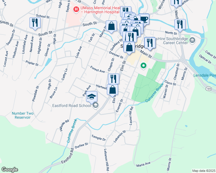 map of restaurants, bars, coffee shops, grocery stores, and more near 205 Chapin Street in Southbridge
