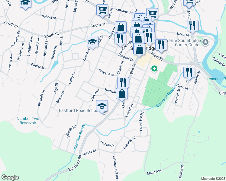 map of restaurants, bars, coffee shops, grocery stores, and more near 205 Chapin Street in Southbridge