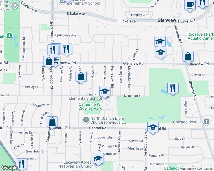 map of restaurants, bars, coffee shops, grocery stores, and more near 834 Prairie Lawn Road in Glenview