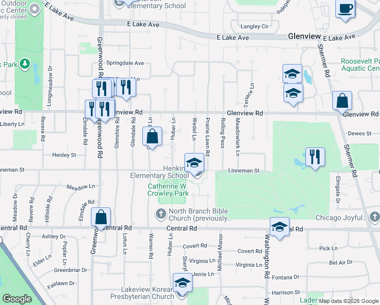 map of restaurants, bars, coffee shops, grocery stores, and more near 839 Huber Lane in Glenview