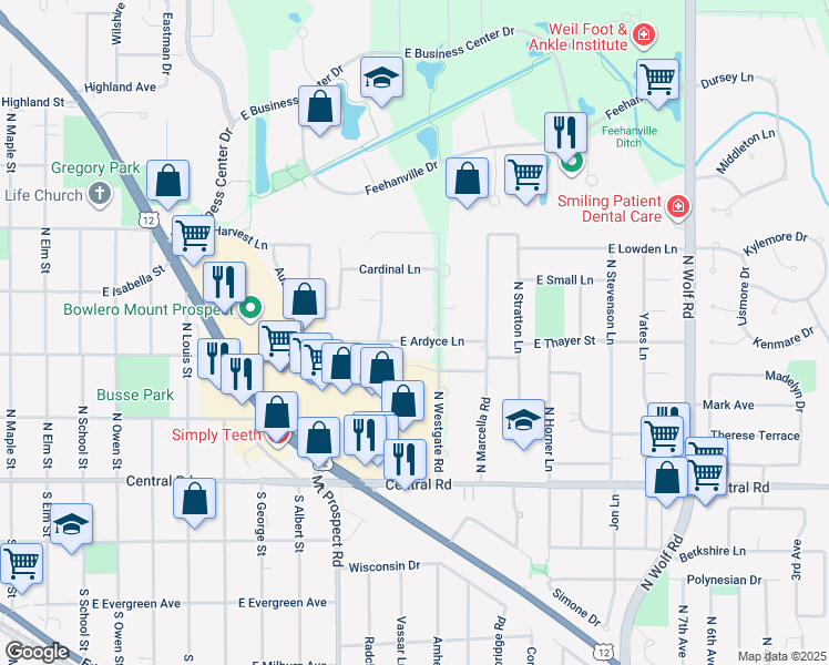 map of restaurants, bars, coffee shops, grocery stores, and more near 202 North Westgate Road in Mount Prospect