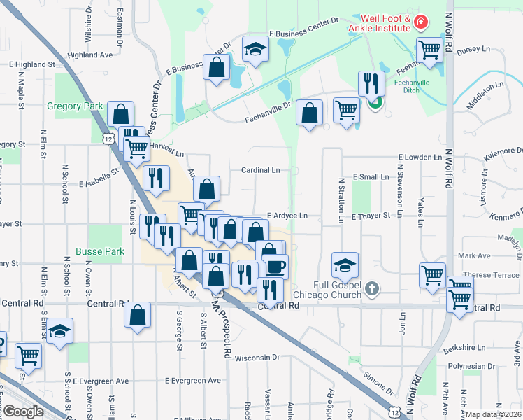 map of restaurants, bars, coffee shops, grocery stores, and more near 1100 East Ardyce Lane in Mount Prospect