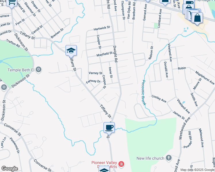 map of restaurants, bars, coffee shops, grocery stores, and more near 231 Cooper Street in Springfield