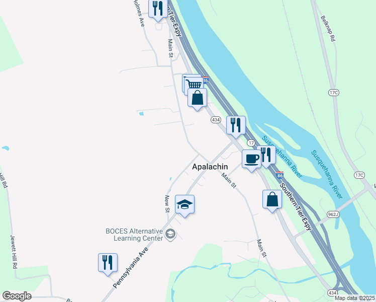 map of restaurants, bars, coffee shops, grocery stores, and more near 466 Main St in Apalachin