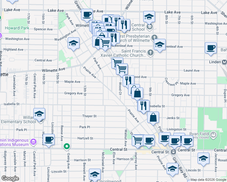 map of restaurants, bars, coffee shops, grocery stores, and more near 200 Catalpa Place in Wilmette