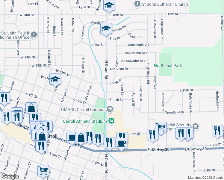 map of restaurants, bars, coffee shops, grocery stores, and more near 517 Parkview Drive in Carroll