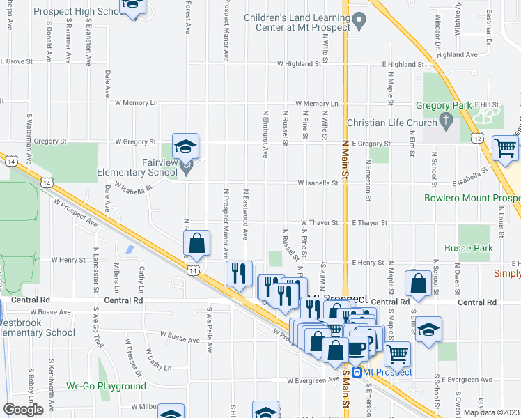 map of restaurants, bars, coffee shops, grocery stores, and more near 206 North Elmhurst Avenue in Mount Prospect