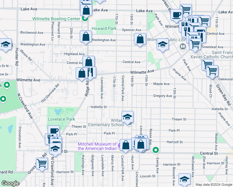 map of restaurants, bars, coffee shops, grocery stores, and more near 200 17th Street in Wilmette