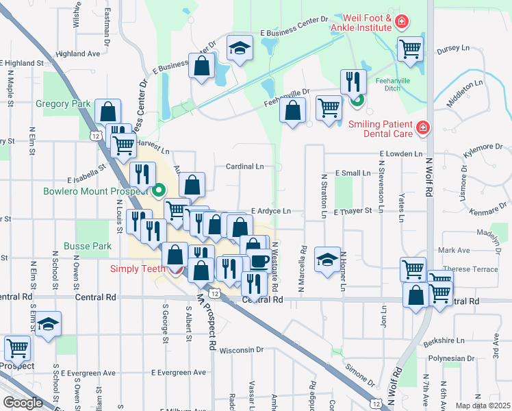 map of restaurants, bars, coffee shops, grocery stores, and more near 1200 East Ardyce Lane in Mount Prospect